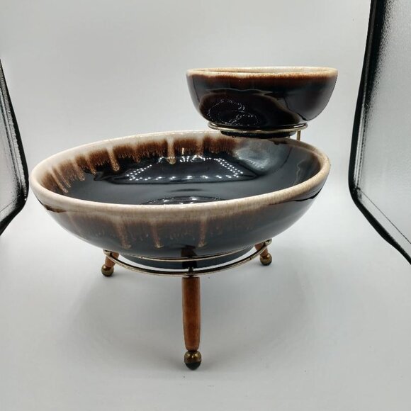 Vintage Pfaltzgraff Brown Drip Ceramic Pottery Vegetable/Chip & Dip Set - 3 Pcs - Picture 1 of 11